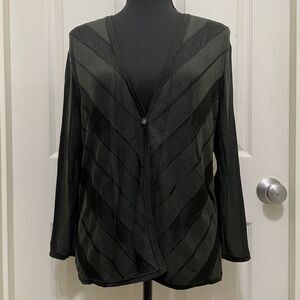 Jones New York Semi Sheer Knit Striped‎ Cardigan Sweater Dark Forest Green Large
